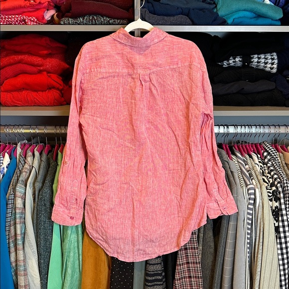 French Curve pink linen long roll tab sleeve 2 pocket button down shirt size S - Picture 3 of 3